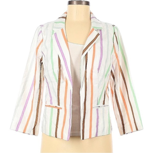 NWT ModCloth M white rainbow stripe open linen blend crop‎ 3/4 sleeve blazer